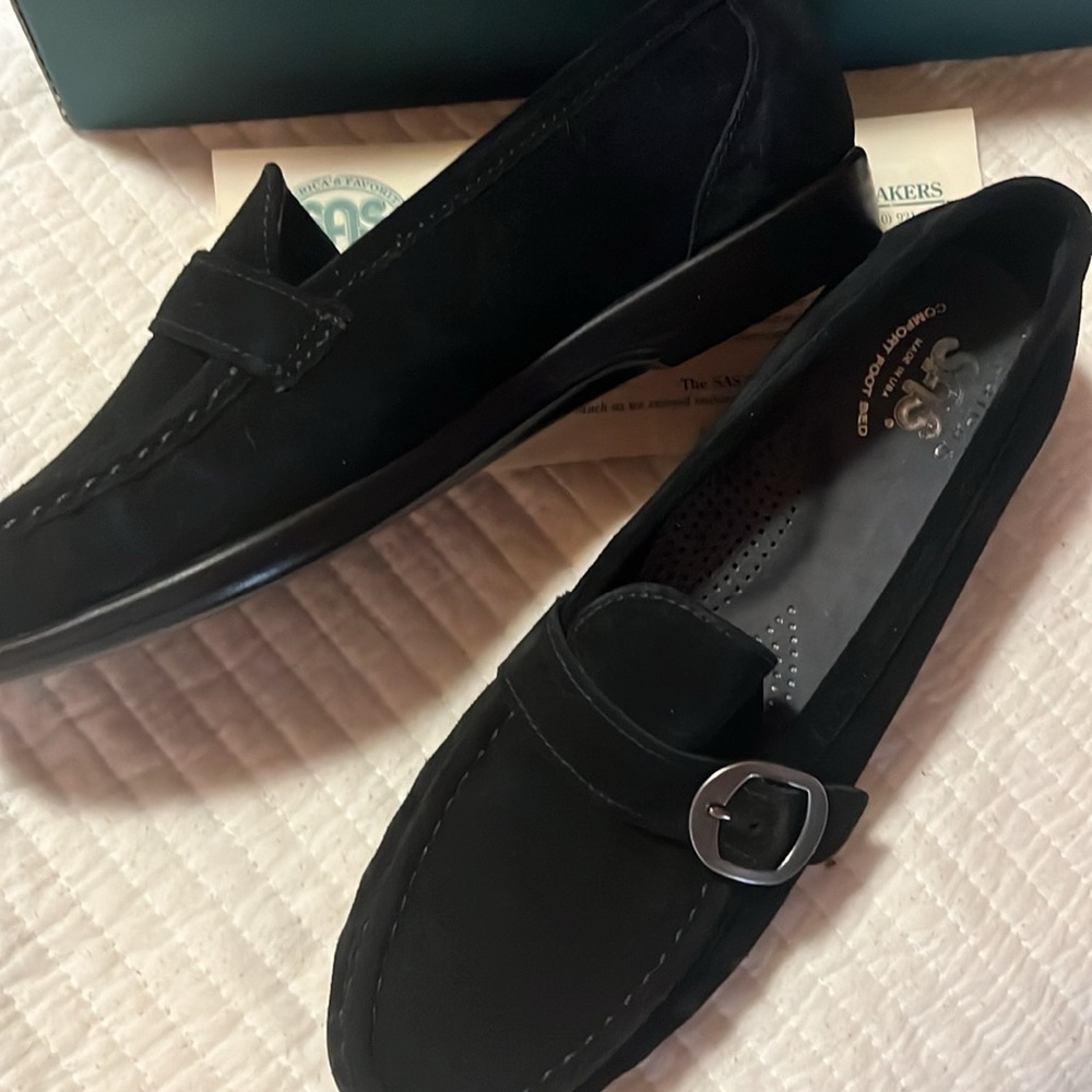 SAS. Size 8 1/2 narrow black suede slip on loafers top stitch, pewter buckle new